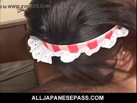 Naughty japanese maid takes on a hard dick to titty fuck and suck.